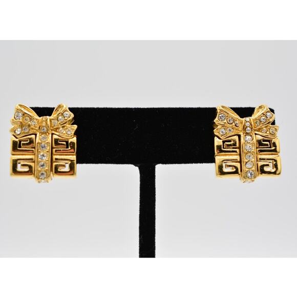 Givenchy Vintage Logo Clip On Earrings Present 4G Gift Box Gold Signed 80s Bin1 - Picture 1 of 12